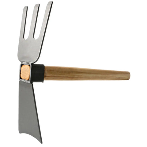 Two In One Garden Hoe And Digging Fork With Wooden Handle For Weeding Digging And Soil Loosening Carbon Steel Blade, side view