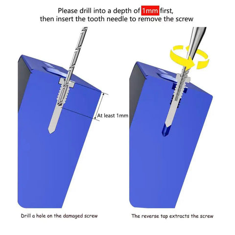 Cordless Rechargeable Broken Screw Extractor Kit With Four Tungsten Steel Drill Bits To Kick Stripped Screws Right Out Of iPhones Laptops And Gadgets No Sweat Diy Fixer image showing drill depth guide and extraction process.