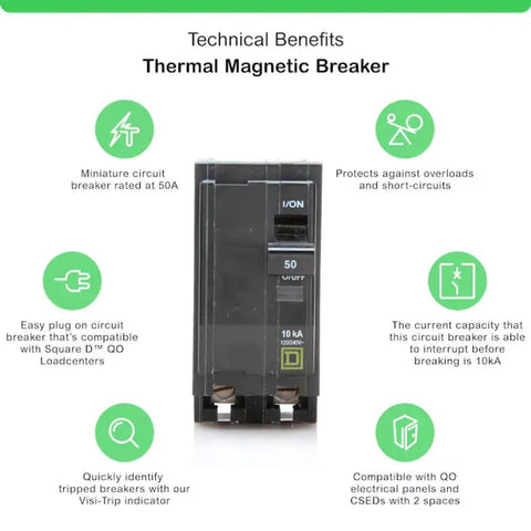 QO250 50 Amp 2 Pole Circuit Breaker Kit For 120/240V AC Load Centers And Panels Plug-In Mount 10kAIC Visi-Trip Indicator OEM Replacement For Easy Swap In Your Electrical Panel., black thermal magnetic breaker for QO load centers, 50A 2-pole
