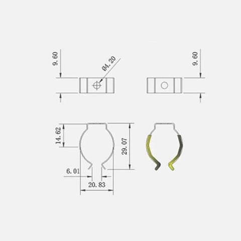 Technical drawing of a 24 Pack T8 U Clip Holder Brackets for 8ft LED Fluorescent Tubes, no screw needed, stainless steel design.