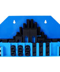 Beefed Up 58 Piece T Slot Clamping Kit For Milling Machines With T Slot Cleaner And Tightening Wrench Five Eighths Inch 11 Threaded Stud Size Fits Three Quarter Table Slot In Blue Storage Box displayed against a white background