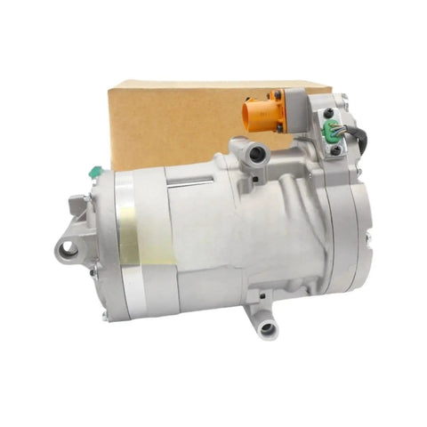 Heavy Duty Electric AC Compressor Crafted For Smooth Cabin Climate Comfort Compatible With Hyundai Kona And Kia Niro Ev Replaces 97701 K4000 Hes33 with box.
