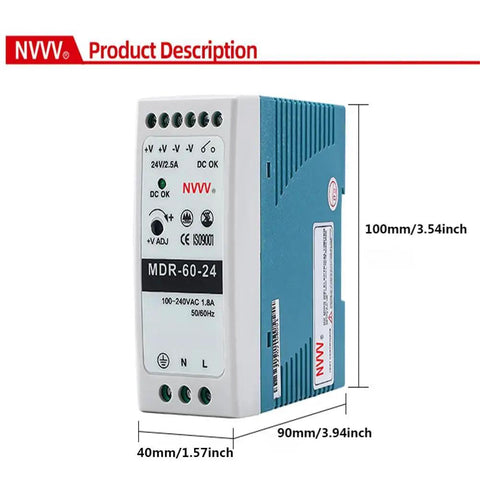 MDR 60 24 24V DC DIN Rail Power Supply 2.5A 60W Beefy Yet Efficient With 85 To 264 VAC Input 24V Output Industrial Grade Blue White Enclosure