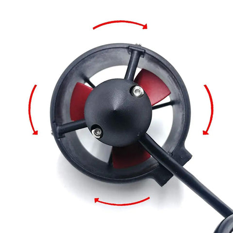 Beefy 16V 300W Brushless Underwater Thruster With CW 3 Blade Nylon Propeller in housing, top view with arrows showing rotation