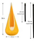 Dimensions of Kids Pod Swing Hanging Seat For Indoor And Outdoor Use with cotton mat, bright yellow, supporting 170 lbs.