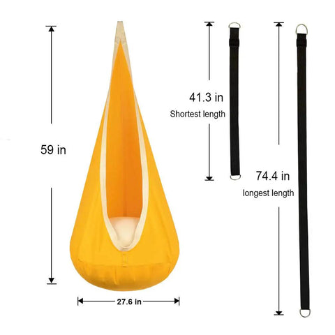 Dimensions of Kids Pod Swing Hanging Seat For Indoor And Outdoor Use with cotton mat, bright yellow, supporting 170 lbs.
