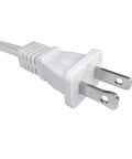 Close-up of a polarized 2-prong NEMA 5-15P plug on a Short White Indoor Extension Cord Two Foot, Outlet Saver Power Cable.