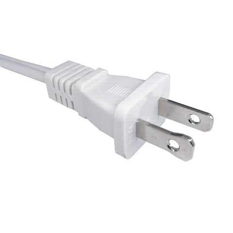 Close-up of a polarized 2-prong NEMA 5-15P plug on a Short White Indoor Extension Cord Two Foot, Outlet Saver Power Cable.