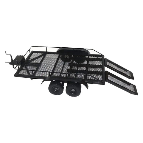 Heavy Duty Metal Trailer Cargo Carrier Kit For One Ten Scale RC Crawler Cars, black metal trailer with dual ramps, suitable for custom builds.