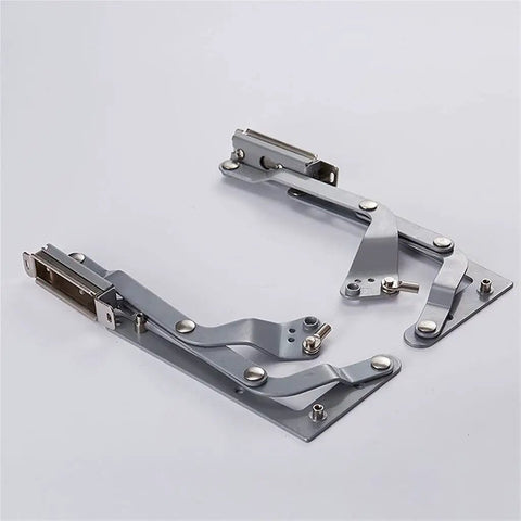 Smooth Translational Lift Up Cabinet Door Hinge with Dual 250N Gas Springs for narrow depth cabinets, metallic design.