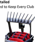 No-Rattle Golf Club Organizer For Iron Sets Only installed in golf bag, anti-slip slots visible, designed to prevent club loss.