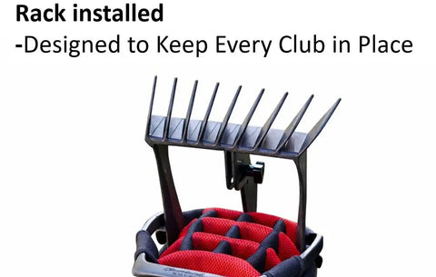 No-Rattle Golf Club Organizer For Iron Sets Only installed in golf bag, anti-slip slots visible, designed to prevent club loss.