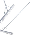 36 Inch Aluminum Landscape Rake For Lawn Care And Garden Work, Heavy Duty Garden Rake For Loosening Soil, Yard Maintenance, And Beach Or Lake Use, Rustproof Aluminum With Triple Welded Construction And Adjustable Handle Built To Last Tough As Nails displayed in two positions demonstrating rake head and long handle detail.