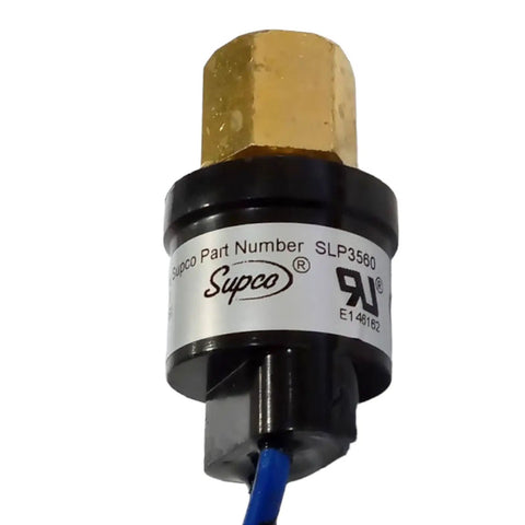 Close-up of Low Pressure Switch SLP3560 Open 35 PSI Close 60 PSI For HVAC And Refrigeration Systems, featuring brass fitting and wiring.
