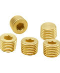 Five Pack One Quarter Inch NPT Male Pipe Plugs With Internal Hex Countersunk Heads Brass Plumbing Fittings Anti Corrosion Rust Resistant Heavy Duty Leak Proof Seal Set, five brass plugs