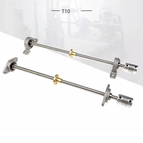 DIY Ready 3D Printer Lead Screw Kit With T10 Rods 100 200 250 300 400 500 600mm Plus Brass Copper Nut Bearing Bracket And Flexible Coupling For Precise Linear Motion showing T10 rods with brass nut and coupling