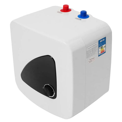110V Plug And Play Mini Tank Water Heater 3.96 Gallon Under Sink Kitchen Instant Hot Booster 1500W with red and blue knobs