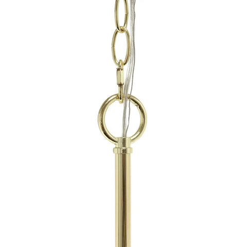 Gold chain detail of 18 Inch Sleek Modern Orb Pendant Light With Adjustable Height Chain Three Light Metal Rings And Clear Glass Shades In Gold Finish.