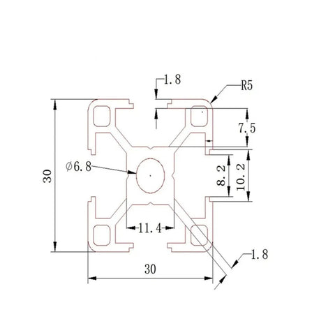 Get Your 3030 T-Slot Aluminum Extrusion Linear Rail For Custom CNC Builds And 3D Printers Plus Easy Cut Modify Mill Finish Ready To Paint Powder Coat, detailed diagram with dimensions.