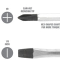 Close-up of cam-out reducing tip and hex-shaped shaft, part of a Two Piece Pocket Screwdriver Set For Precision Repairs With One Eighth Inch Slotted And PH Zero Phillips Heads Ergonomic Three Sided Hardened Resin Handles Compact Mini Tool Kit For Quick Fixes.