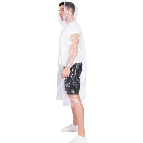 Side view of man wearing Emergency Disposable Rain Poncho with Drawstring Hood for Adults Family Pack Clear 10 Pack 100 Percent Waterproof