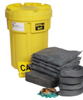 Heavy Duty Overpack Salvage Drum Spill Kit 30 Gallon Hella Absorbent Universal Cleanup Barrel For Oils Coolants Solvents And Water Rock Solid Twist Top Hassle Free Transport Canister 47 Piece Pro Level Pack with yellow canister and sorbent materials.