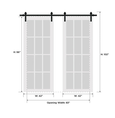 Diagram of Heavy Duty Double Barn Sliding Door Set with Hardware Kit Two Slabs 84 By 96 Inches Ginger Ash Finish dimensions