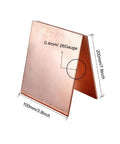 Top Tier 99.9 Percent Pure Copper Sheet 26 Gauge 0.4mm Thick shown from an angle with dimensions labeled 100mm x 200mm.