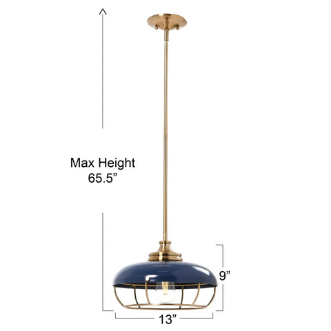Industrial Caged Dome Metal Ceiling Light in Brushed Brass and Navy Blue Two Tone Finish dimensions and design view