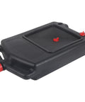 Get This Pro 8L Low Profile Oil Drain Pan For Car And Motorcycle Service With Huge Capacity To Handle Coolant Antifreeze And All Fluids During Garage Maintenance Without The Messy Overflow Hassles, black ABS design with red caps