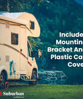 Suburban LP-R924 propane regulator on an RV; includes mounting bracket and plastic cap cover.