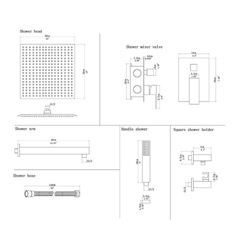 Technical diagram of Wall Mounted Shower System With 12 Inch Rainfall Shower Head And Handheld Combo Brushed Nickel Finish