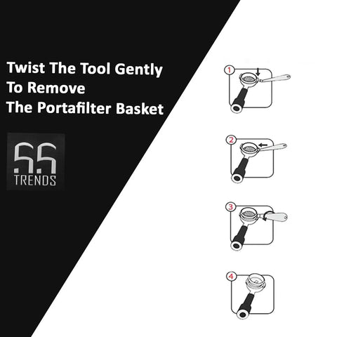 Stainless Steel Portafilter Basket Removal Tool for Espresso Coffee Makers, instruction diagram for safe basket removal.