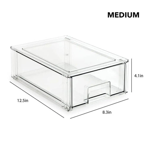 Clear Stackable Organizer Drawer Set With 1 Medium box for home office closet shoes, BPA free plastic, pull out design