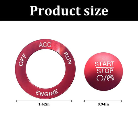 Aluminum Push Start Button Cover With Metal Ring For Car Interior, Engine Start Stop Switch Knob Cap Decor in red, sizes 1.42in and 0.94in.