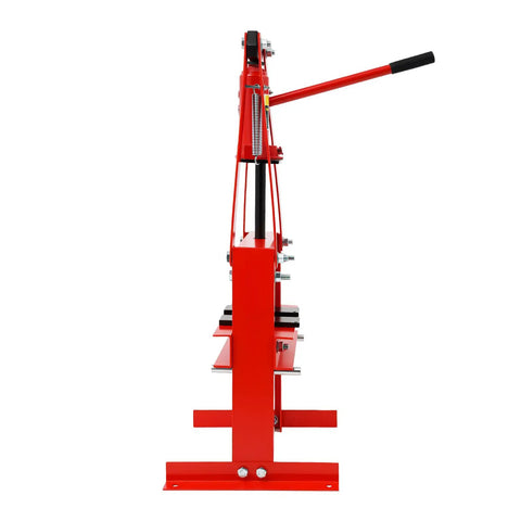 Rock Solid 6 Ton Hydraulic Shop Press With Plates Garage Workhorse Straight Up Engineered For Auto Repair 5.12 Inch Stroke side view showing the sturdy steel frame and lever.