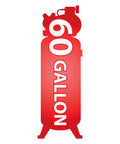 Red silhouette of a vertical air compressor with text '60 GALLON', model without visible details.