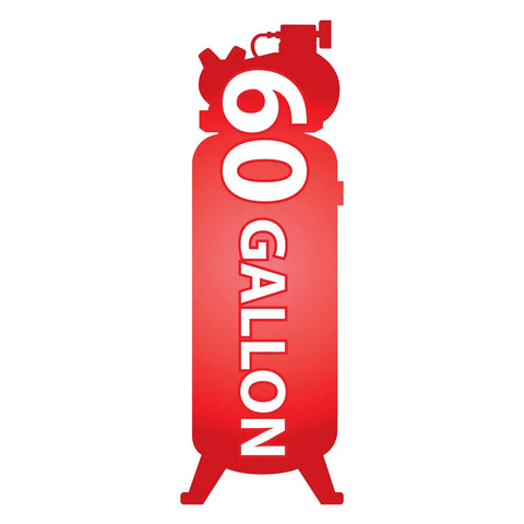 Red silhouette of a vertical air compressor with text '60 GALLON', model without visible details.