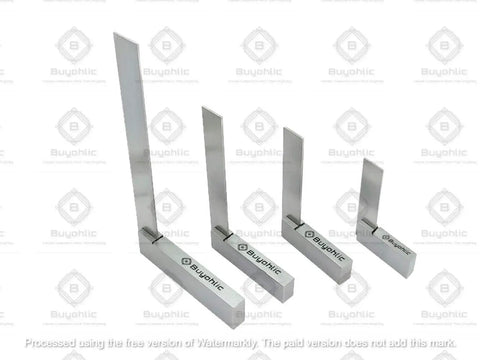 Front view of Machinist Try Square Set of four sizes with durable steel build for woodworking and metalworking.