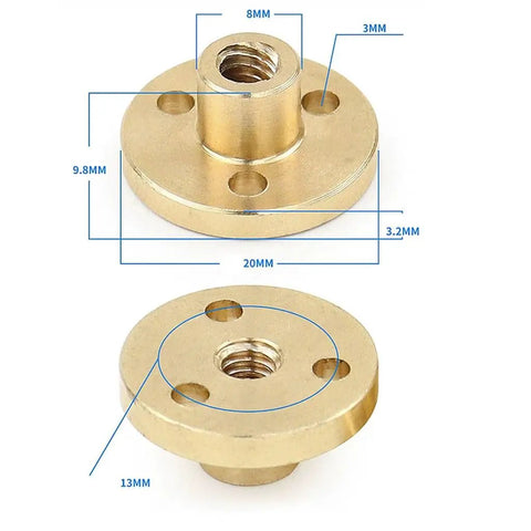 Brass nut for Stainless Steel T5 Lead Screw For 3D Printers And CNC Machines, 5mm Diameter with 1mm Pitch, trapezoidal thread