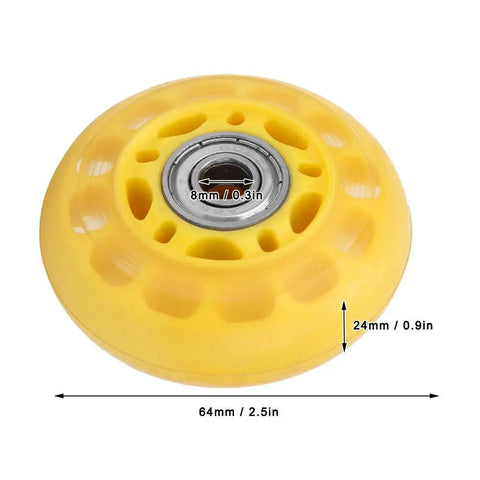Transparent Yellow PU Casters Wheel For Luggage Carts 64mm with dimensions and bearing details visible