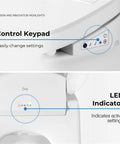 Electric Bidet Smart Toilet Seat For Elongated Bowls, showing control keypad and LED indicator for easy setting adjustments.
