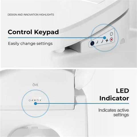 Electric Bidet Smart Toilet Seat For Elongated Bowls, showing control keypad and LED indicator for easy setting adjustments.