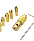Grab These Awesome 6 Sets Of Brass Mini Drill Collets With Secure 4 Jaw Clamping For Electric Motors showing 6 brass collets and a hex key.