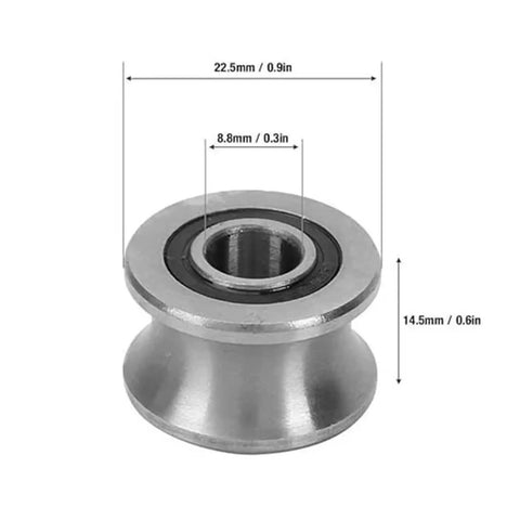 Top Shelf Stainless Steel U Groove Caster Wheel Featuring Slick Ball Bearings For Rock Solid Sliding Gate Tracks and Rugged Heavy Duty Trolley Systems, dimensions shown.