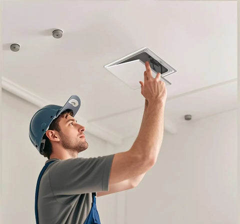 No Sweat 8X8 White Plastic Access Panel With Door, 6.5 Inch Opening being installed by a worker in a ceiling.