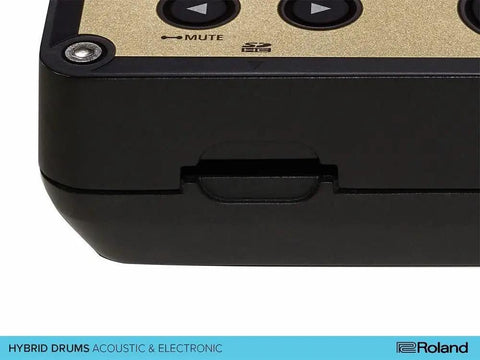 Close-up of compact acoustic drum trigger module with mute button and casing, showcasing 162 ready to play pro sounds capabilities.