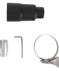 Multifunctional Belt Grinder Machine Sander With 1/2 X 18 Inch Belt attachment parts including a black hose, aluminum connector, and clamp.