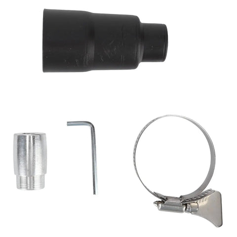 Multifunctional Belt Grinder Machine Sander With 1/2 X 18 Inch Belt attachment parts including a black hose, aluminum connector, and clamp.