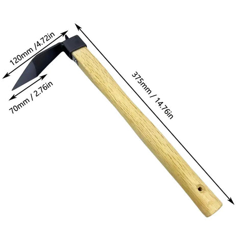 Carbon Steel Hand Hoe and Solid Mattock Digging Tool for Garden Work with wooden handle and measurements shown